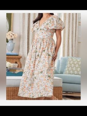 crown & ivy White Floral Puff-Sleeve Maxi Dress with Peach & Green Accents